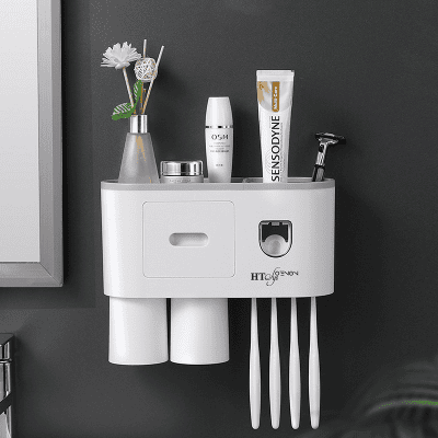 Kệ để bàn chải đánh răng và nhả kem đánh răng tự động kèm 2 cốc