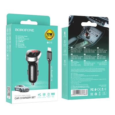 Bộ Cóc Cáp Sạc Xe Hơi Borofone BZ15 Cổng Lightning 2 Cổng USB có màn LCD chuẩn US