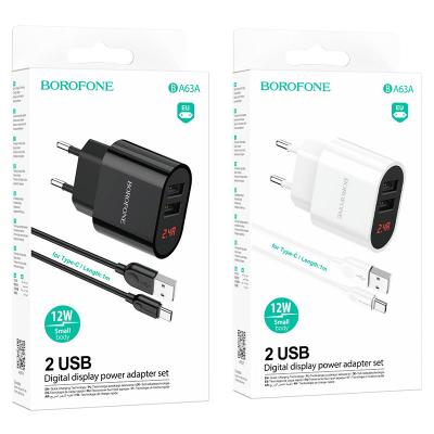 Bộ Cóc Cáp Sạc Có Đèn Báo Sạc Đầy Type C BA63A Borofone - 2 Cổng USB 12W chuẩn EU